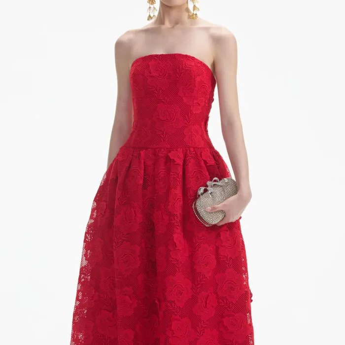Red Bandeau Lace Midi Dress Women Self Portrait Dresses Red Bandeau Lace Midi Dress Women Self Portrait Dresses
