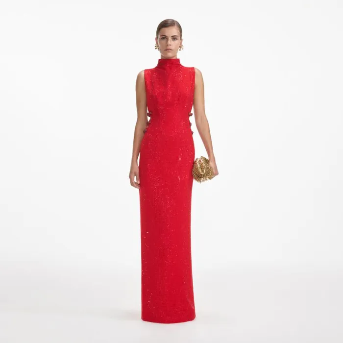 Red Rhinestone Crepe Maxi Dress Women Self Portrait Dresses