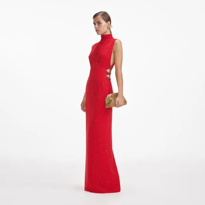 Red Rhinestone Crepe Maxi Dress Women Self Portrait Dresses Red Rhinestone Crepe Maxi Dress Women Self Portrait Dresses