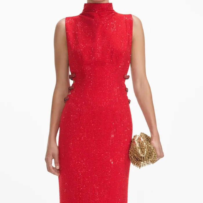 Red Rhinestone Crepe Maxi Dress Women Self Portrait Dresses Red Rhinestone Crepe Maxi Dress Women Self Portrait Dresses