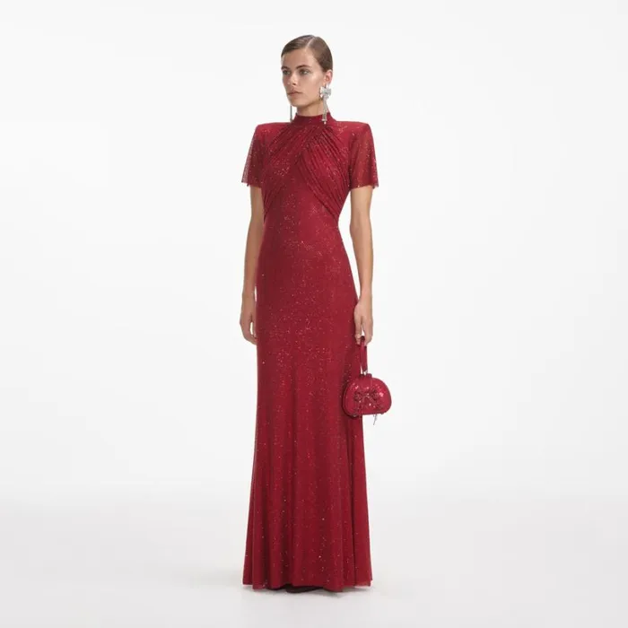 Red Rhinestone Mesh Maxi Dress Women Self Portrait Dresses Red Rhinestone Mesh Maxi Dress Women Self Portrait Dresses