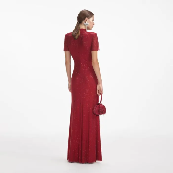 Red Rhinestone Mesh Maxi Dress Women Self Portrait Dresses Red Rhinestone Mesh Maxi Dress Women Self Portrait Dresses