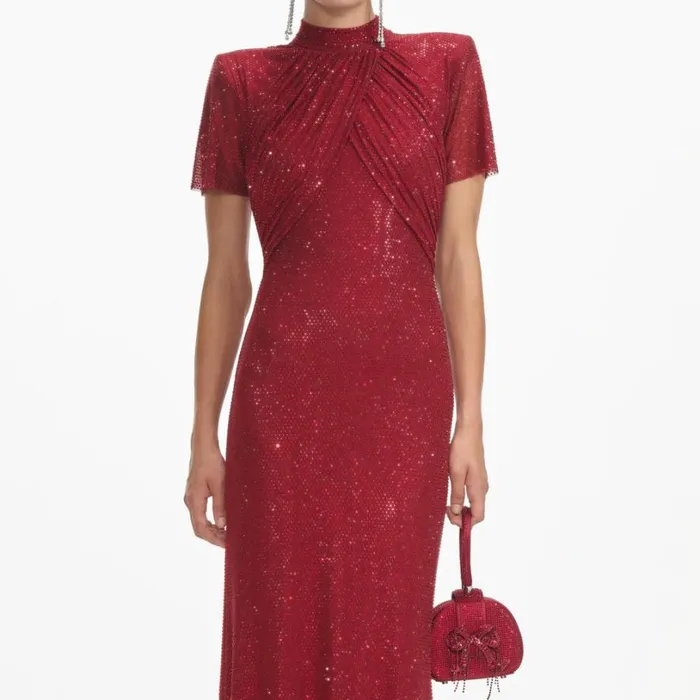 Red Rhinestone Mesh Maxi Dress Women Self Portrait Dresses Red Rhinestone Mesh Maxi Dress Women Self Portrait Dresses