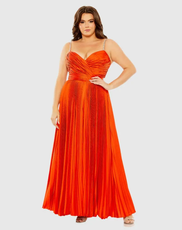 Rhinestone Embellished Strap Pleated Gown Cayenne Plus Size Dresses Mac Duggal Women Rhinestone Embellished Strap Pleated Gown Cayenne Plus Size Dresses Mac Duggal Women