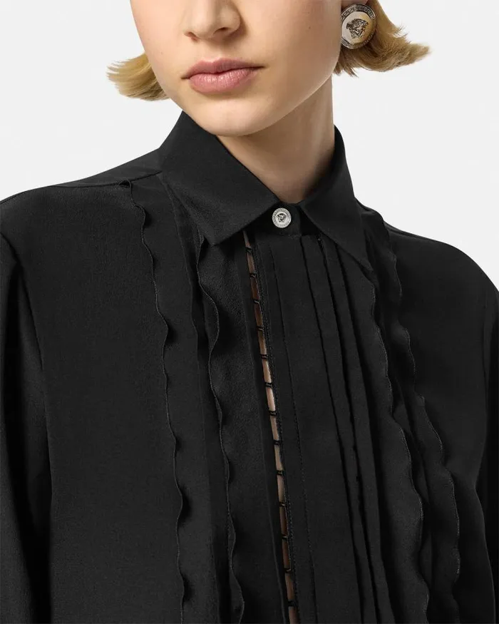 Ruffled Silk Crpe Shirt Black Women Versace Shirts and Tops