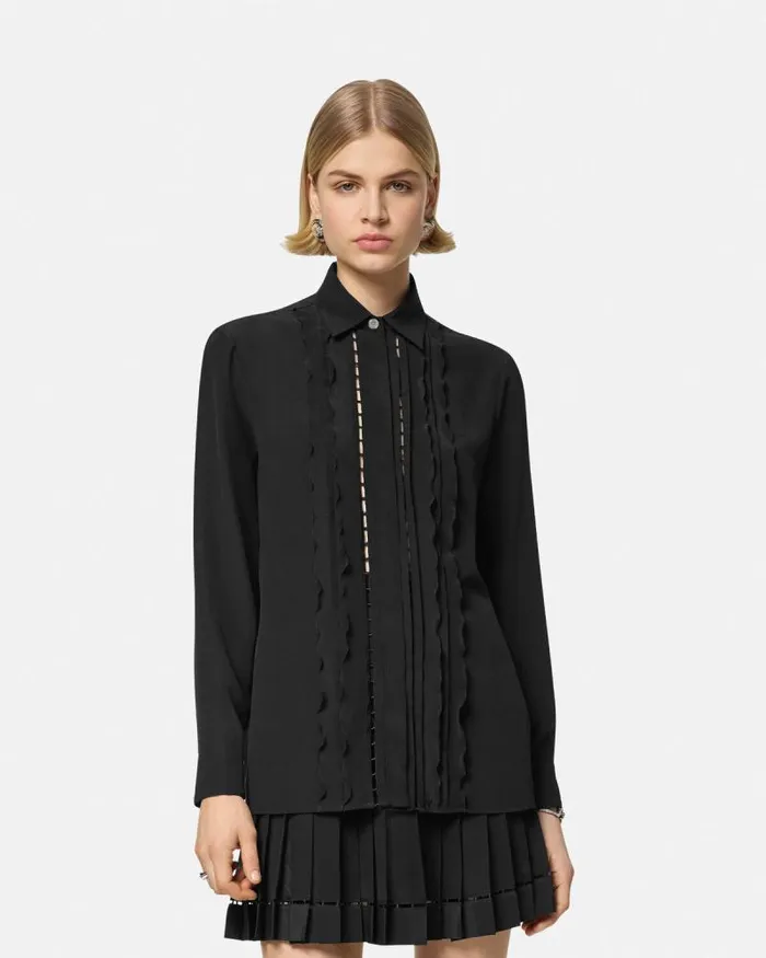 Ruffled Silk Crpe Shirt Black Women Versace Shirts and Tops