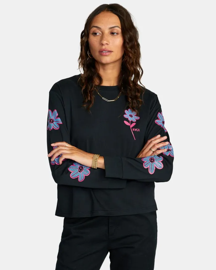 RVCA Tees Tanks Happy Daisy Long Sleeve TShirt Rvca Black 8211 Women