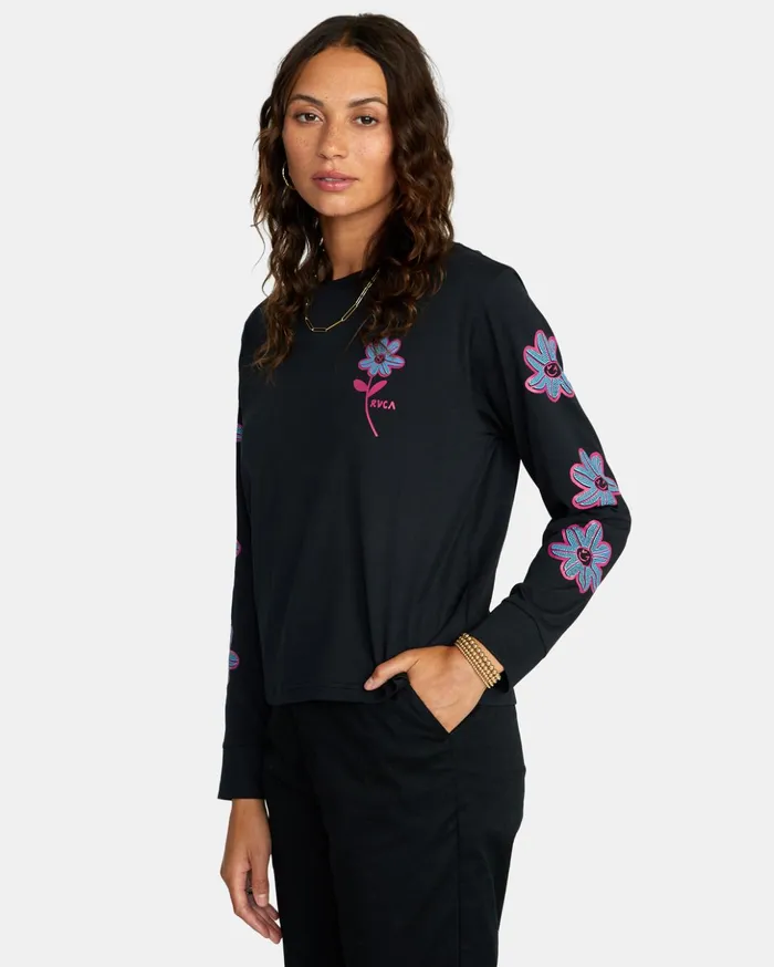 RVCA Tees Tanks Happy Daisy Long Sleeve TShirt Rvca Black 8211 Women