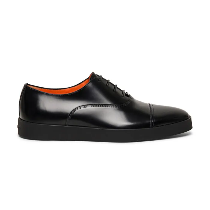 Santoni Black Shiny Leather Derby Shoe Men LaceUps