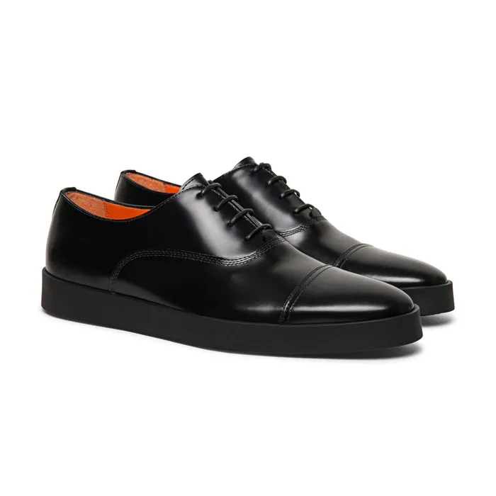 Santoni Black Shiny Leather Derby Shoe Men LaceUps