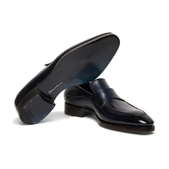 Santoni Blue Leather Limited Edition Penny Loafer Men Loafers