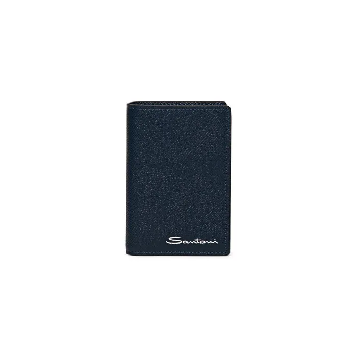 Santoni Blue Saffiano Leather Vertical Wallet MenWomen Small Leather Goods