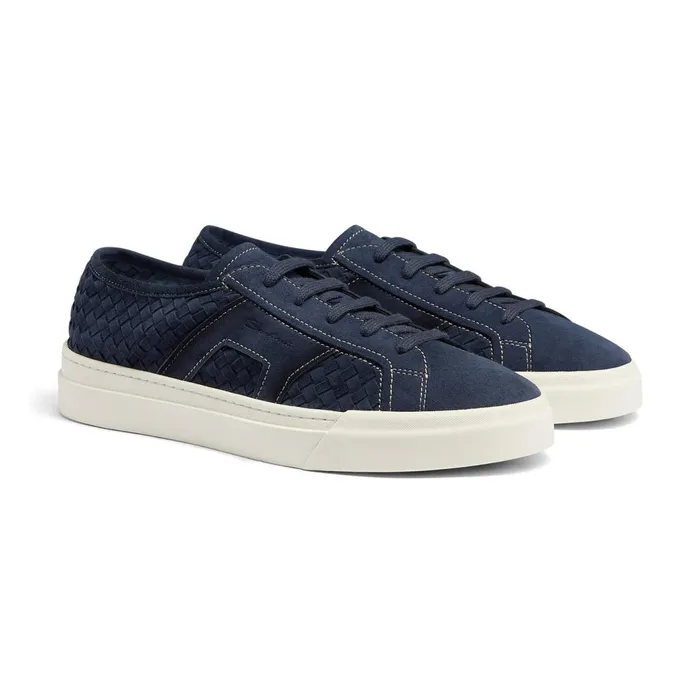 Santoni Blue Woven Suede Double Buckle Sneaker Men Sneakers