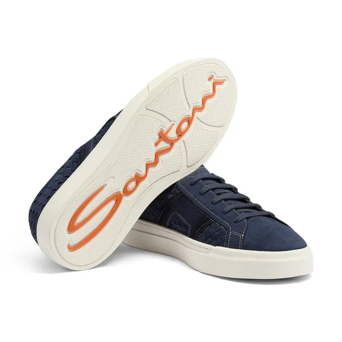 Santoni Blue Woven Suede Double Buckle Sneaker Men Sneakers