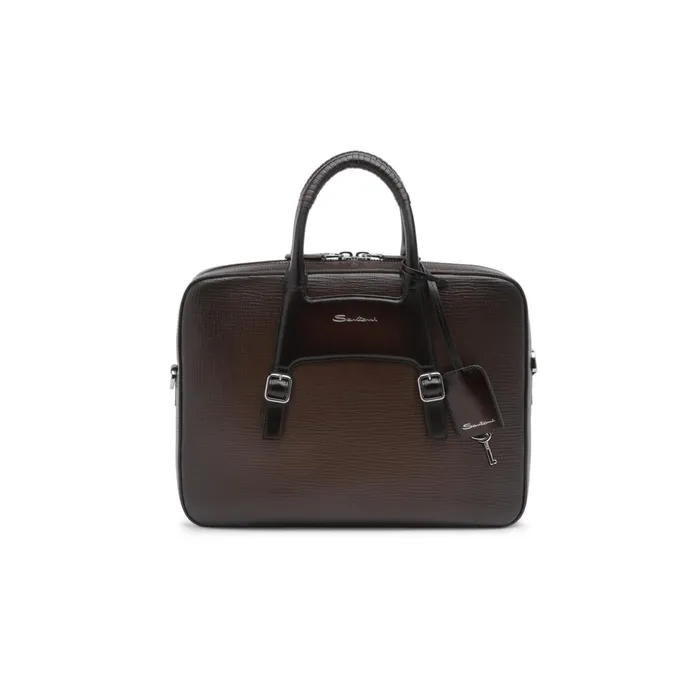 Santoni Brown Embossed Leather Briefcase Men Bags and Backpacks