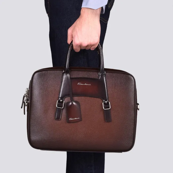 Santoni Brown Embossed Leather Briefcase Men Bags and Backpacks