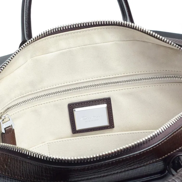 Santoni Brown Embossed Leather Briefcase Men Bags and Backpacks