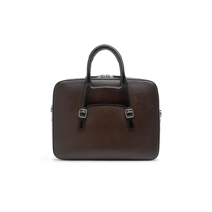 Santoni Brown Embossed Leather Briefcase Men Bags and Backpacks