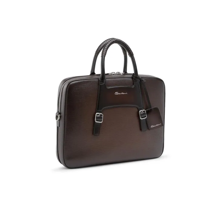Santoni Brown Embossed Leather Briefcase Men Bags and Backpacks