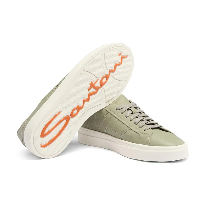 Santoni Light Green Tumbled Leather Double Buckle Sneaker Men Sneakers