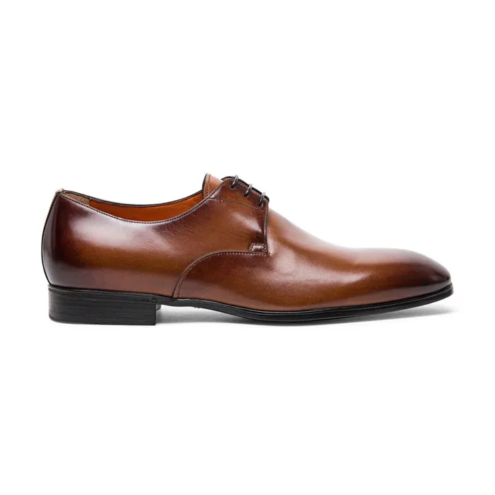 Santoni Polished Brown Leather Derby Shoe Men LaceUps