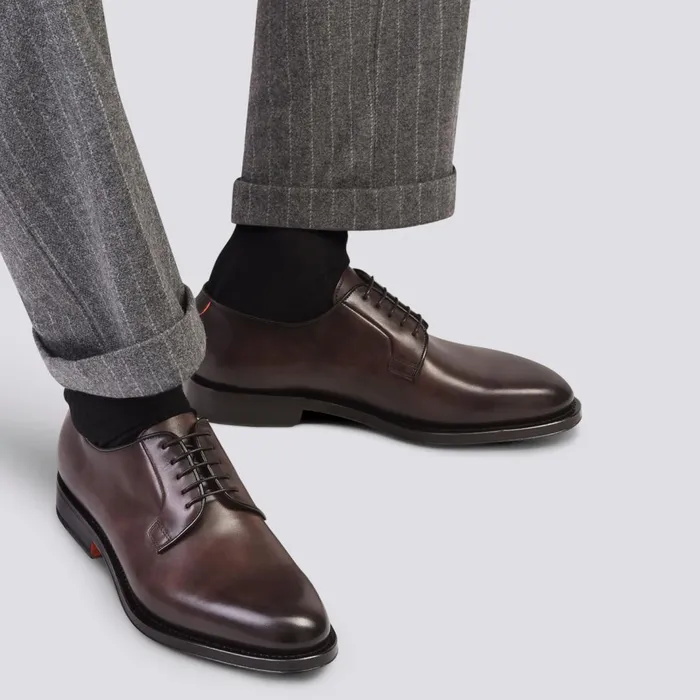 Santoni Polished Brown Leather Derby Shoe Men LaceUps