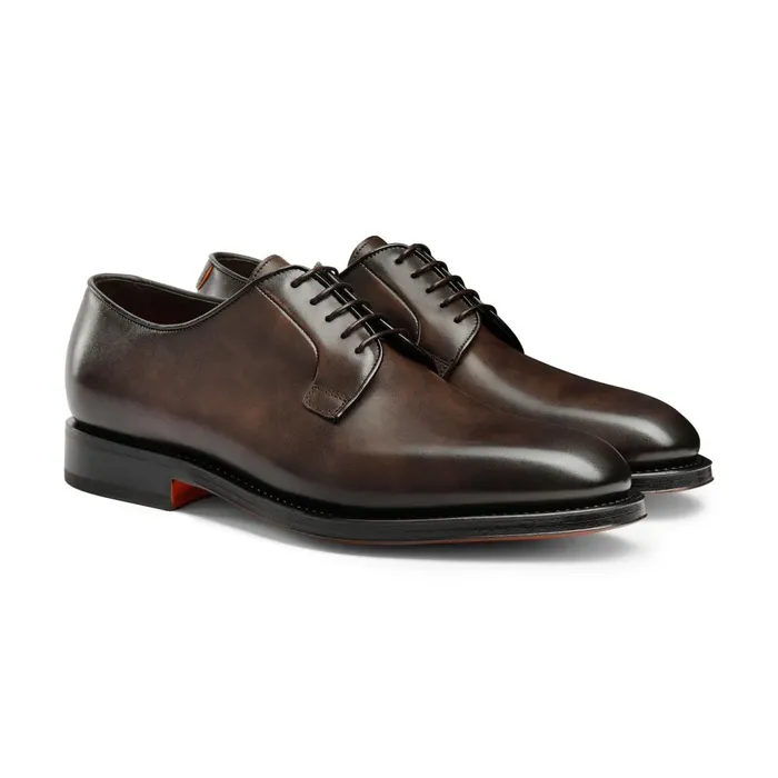 Santoni Polished Brown Leather Derby Shoe Men LaceUps