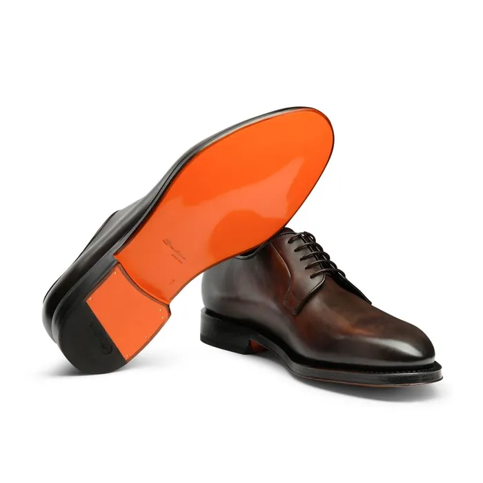 Santoni Polished Brown Leather Derby Shoe Men LaceUps