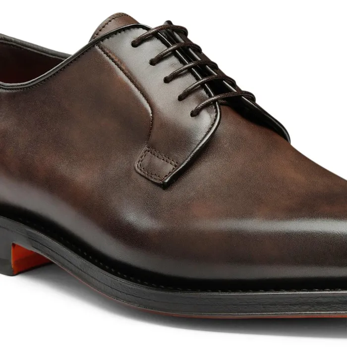 Santoni Polished Brown Leather Derby Shoe Men LaceUps