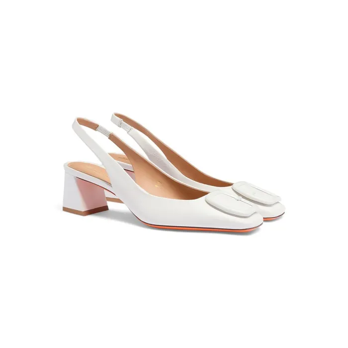 Santoni White Leather MidHeel Slingback Women Pumps and Heels