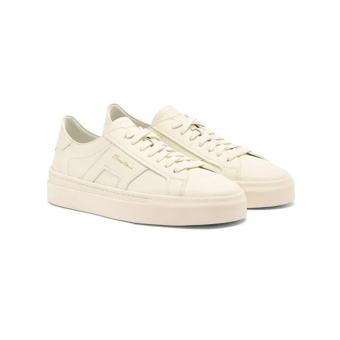 Santoni White Tumbled Leather Double Buckle Sneaker Women Sneakers