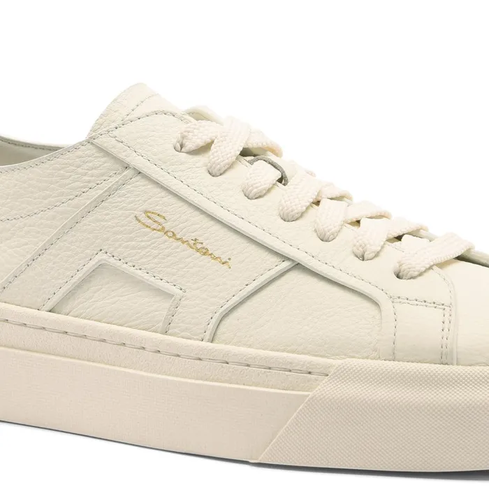 Santoni White Tumbled Leather Double Buckle Sneaker Women Sneakers