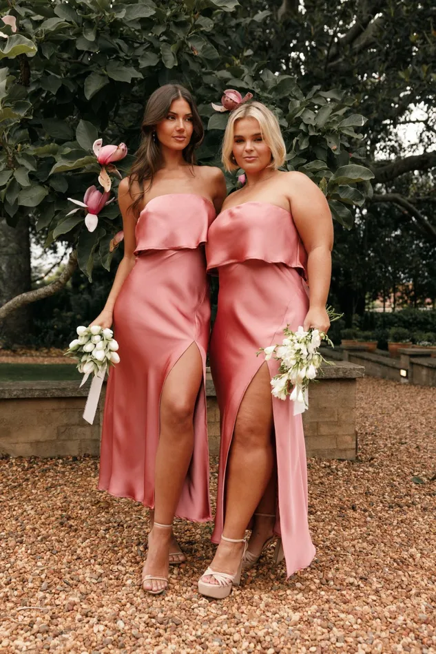 Satin Dresses Vienna Strapless Midi Dress Dusty Rose 8211 Petal and Pup Women