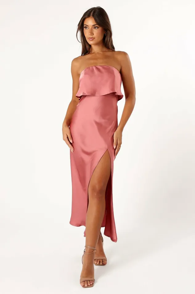 Satin Dresses Vienna Strapless Midi Dress Dusty Rose 8211 Petal and Pup Women