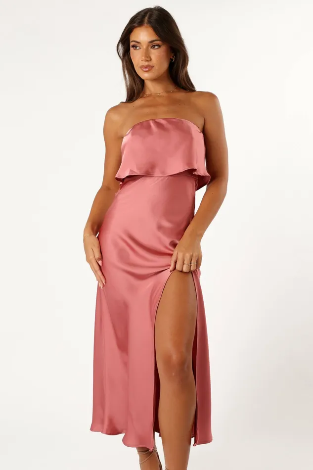 Satin Dresses Vienna Strapless Midi Dress Dusty Rose 8211 Petal and Pup Women