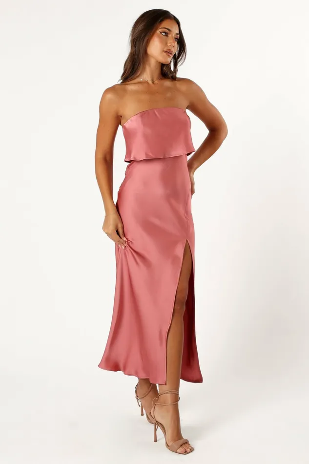 Satin Dresses Vienna Strapless Midi Dress Dusty Rose 8211 Petal and Pup Women