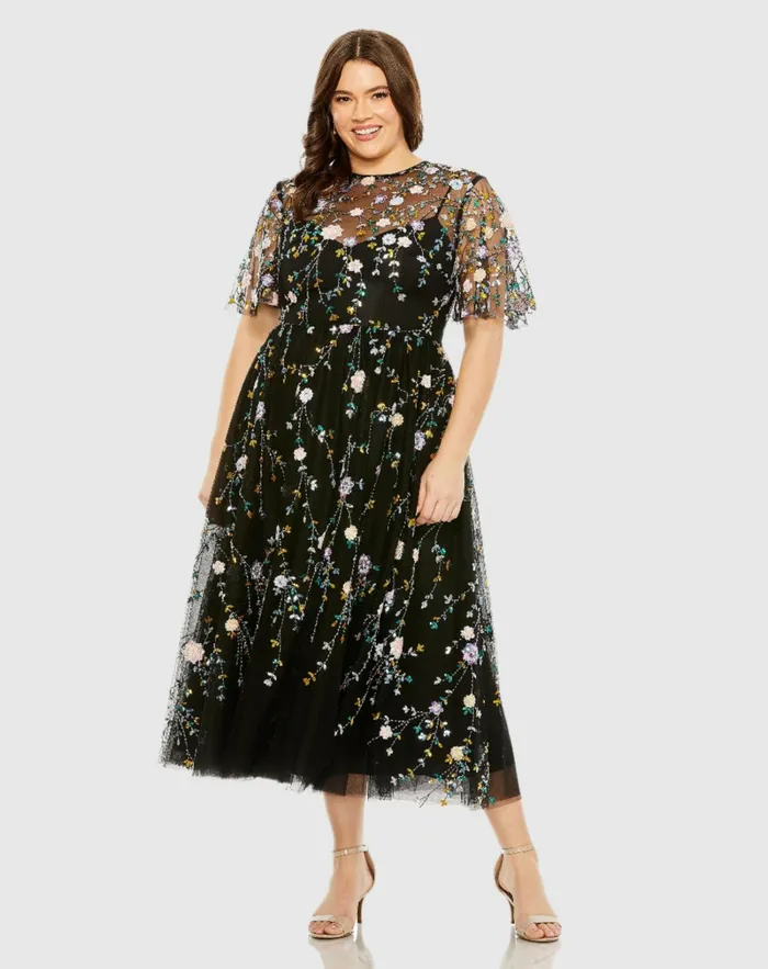 Sequin Floral Embroidered Dress Black Multi Plus Size Dresses Mac Duggal Women
