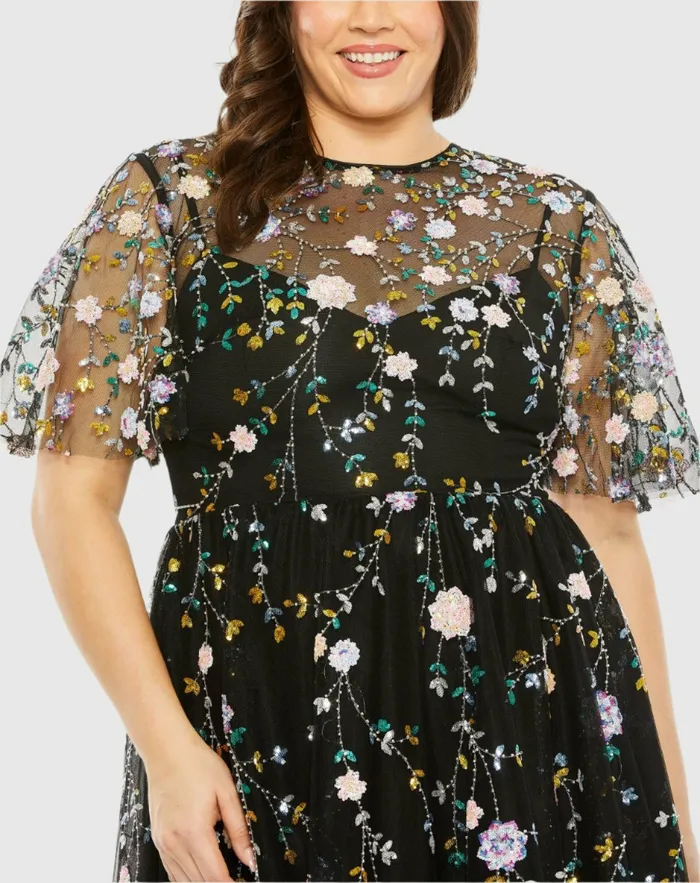 Sequin Floral Embroidered Dress Black Multi Plus Size Dresses Mac Duggal Women Sequin Floral Embroidered Dress Black Multi Plus Size Dresses Mac Duggal Women