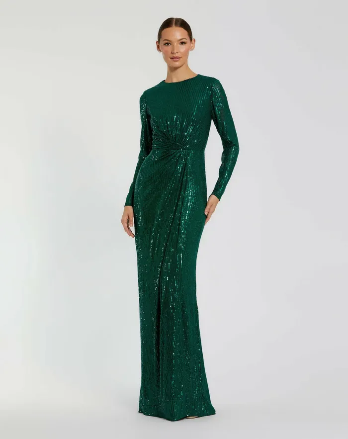 Sequined Long Sleeve Side Knot Dress Emerald Women Best Sellers Mac Duggal