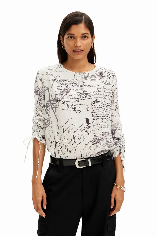 Shirts And Blouses Women Desigual Blouse With Adjustable Sleeves And Text Prints White