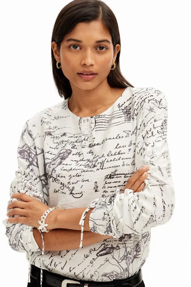 Shirts And Blouses Women Desigual Blouse With Adjustable Sleeves And Text Prints White