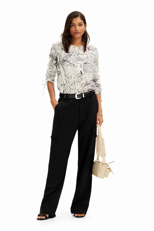 Shirts And Blouses Women Desigual Blouse With Adjustable Sleeves And Text Prints White