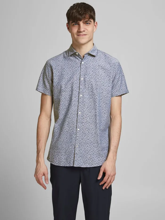 Shirts JACK and JONES Mens ALL OVER PRINTED SHORT SLEEVED SHIRT Blue Faded Denim On Sale Shirts JACK and JONES Mens ALL OVER PRINTED SHORT SLEEVED SHIRT Blue Faded Denim On Sale