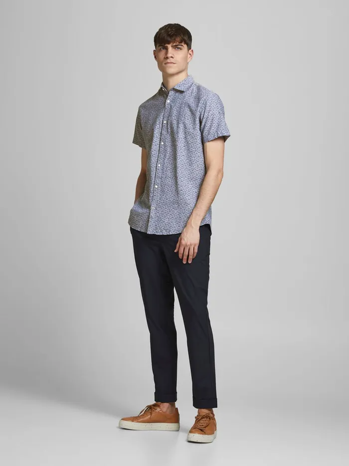 Shirts JACK and JONES Mens ALL OVER PRINTED SHORT SLEEVED SHIRT Blue Faded Denim On Sale