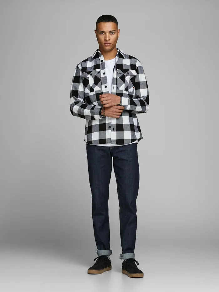 Shirts JACK and JONES Mens BANES RDD OVERSHIRT LS OVERSHIRT Black White Cheap On Sale