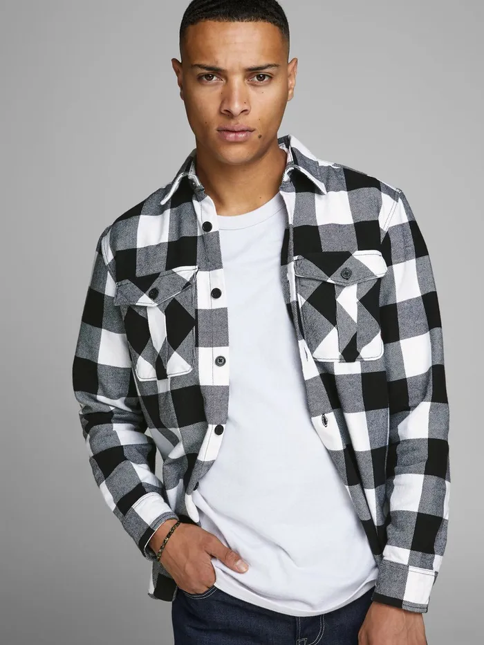 Shirts JACK and JONES Mens BANES RDD OVERSHIRT LS OVERSHIRT Black White Cheap On Sale