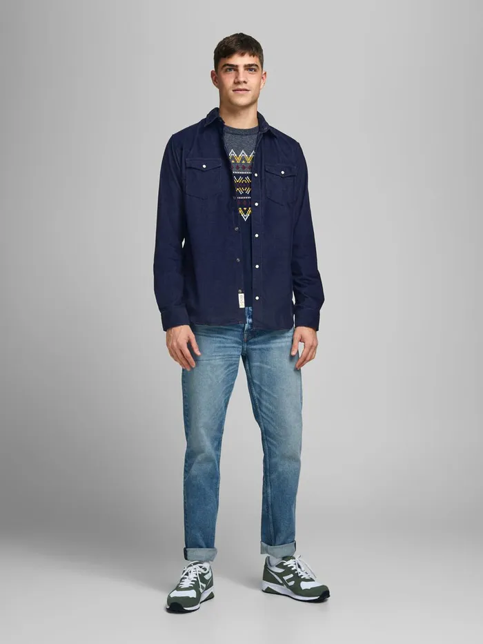 Shirts JACK and JONES Mens COMFORT FIT CORDUROY SHIRT Blue Dark Blue Denim Popular