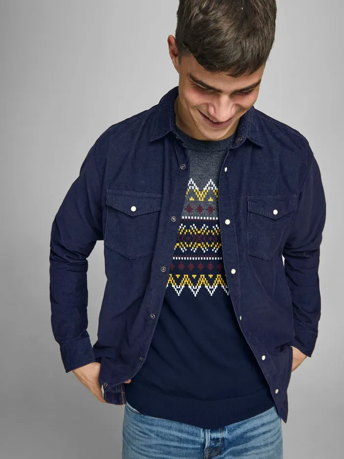 Shirts JACK and JONES Mens COMFORT FIT CORDUROY SHIRT Blue Dark Blue Denim Popular