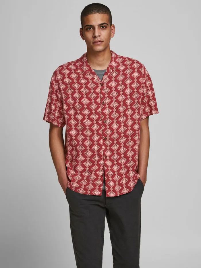 Shirts JACK and JONES Mens RELAXED FIT RESORT SHORT SLEEVED SHIRT Red Brick Red Gift for Friend Shirts JACK and JONES Mens RELAXED FIT RESORT SHORT SLEEVED SHIRT Red Brick Red Gift for Friend