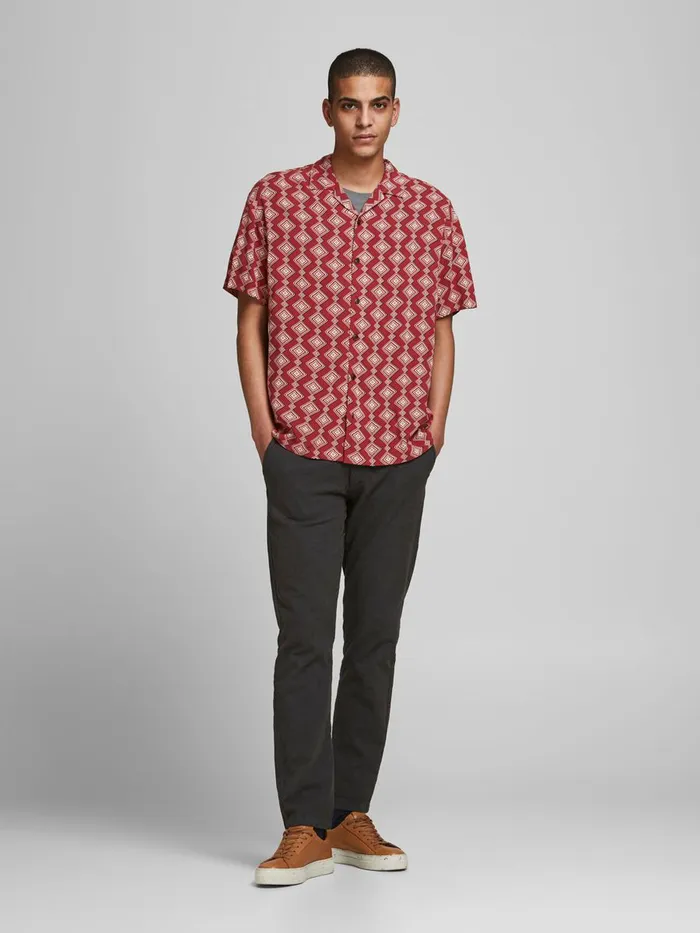 Shirts JACK and JONES Mens RELAXED FIT RESORT SHORT SLEEVED SHIRT Red Brick Red Gift for Friend